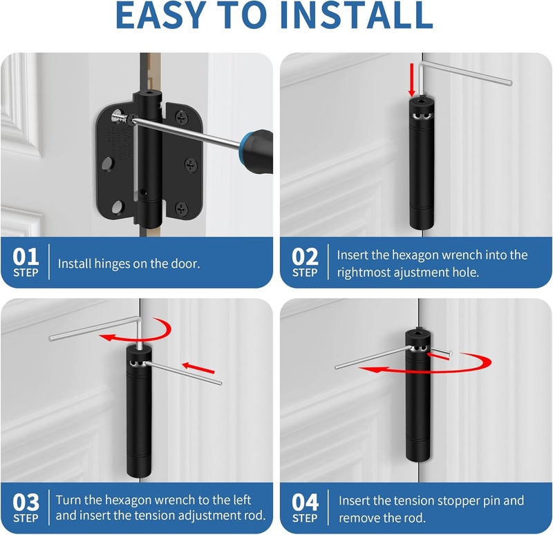 IOQ 3.5 Inch Self Closing Door Hinges, 5/8" Radius Corners Spring Loaded Hinges for Interior Door, Bedroom, Pantry Door, UL Listed, for Left and Right Hand Door, Matte Black, 4 Pack - Image 5